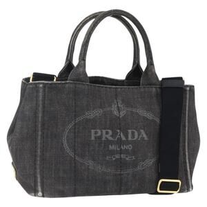 PRADA Canapa PM Hand Bag Denim 2way Black Gold Auth 151881